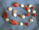 Natural Orange Carnelian and Baroque Button Pearl GF Necklace