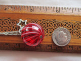 Red Striped Blown Glass Sphere Ornament Pendant Necklace
