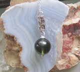 Green Moldavite Crystal Ball Sterling Silver Stars Pendant Necklace