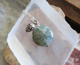 Natural Moss Agate Gemstone Silver Pine Cone Pendant Necklace