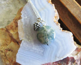 Natural Moss Agate Gemstone Silver Pine Cone Pendant Necklace
