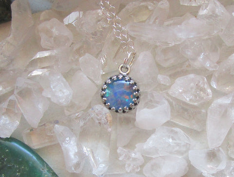 Natural Australian Opal Sterling Silver Crown Pendant Necklace