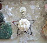 Sun and Moon Face Natural Bone Silver Star Pendant Necklace
