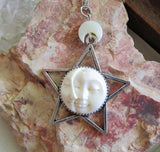 Sun and Moon Face Natural Bone Silver Star Pendant Necklace