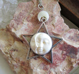 Sun and Moon Face Natural Bone Silver Star Pendant Necklace