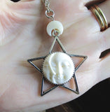 Sun and Moon Face Natural Bone Silver Star Pendant Necklace