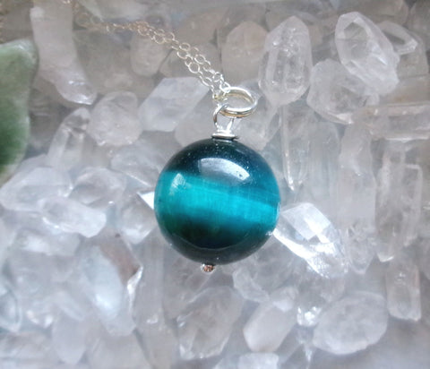 Turquoise Aura Tiger Eye Gemstone Ball Pendant Necklace