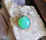 Vaseline Glass Ultraviolet Silver Floral Setting Pendant Necklace