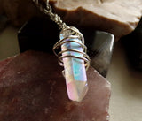 Angel Aura Iridescent Quartz Crystal Wire Wrapped Pendant Necklace