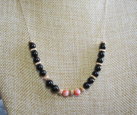 Vintage Angel Skin Coral Black Onyx 14K Solid Yellow Gold Necklace
