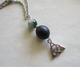 Irish Bog Oak Moss Agate Triquetra Pendant Necklace