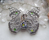 Silver Filigree Butterfly Watchworks Rainbow Crystal Necklace