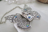 Silver Filigree Butterfly Watchworks Rainbow Crystal Necklace