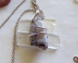 Natural Lace Agate Chalcedony Wire Wrapped Pendant Necklace