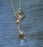 Quartz Crystal Ball Moon and Star Ring Pendant Necklace