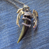 Silver Wyvern Dragon Natural Gold Sheen Obsidian Horn Pendant Necklace
