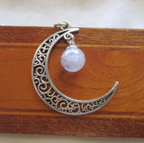 Filigree Crescent Moon Lavender Fluorite Crystal Ball Pendant Necklace