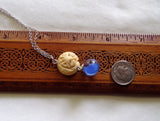Netsuke Cat Carved Bead with Blue Cat's Eye Marble Pendant Necklace