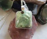 Natural Green Prehnite Crystal Cube Wire Wrapped Pendant Necklace