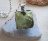Natural Green Prehnite Crystal Cube Wire Wrapped Pendant Necklace