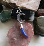 Blue Sodalite Gemstone Horn Silver Moon Star Pendant Necklace