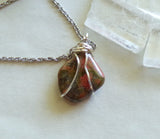 Unakite Natural Pink and Green Gemstone Wire Wrapped Pendant Necklace